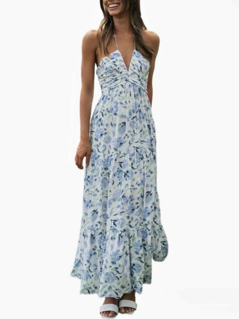 Maya Deluxe Maya Light Blue Floral Self-Tie Halter Neck Maxi Dress